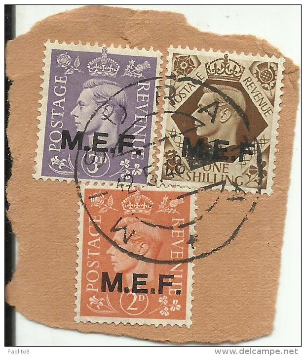 COLONIE OCCUPAZIONI STRANIERE MEF 1943 1947 M.E.F. 2 + 3 P + 1 S USED USATO IN CIRENAICA 12 5 1948 MISURATA SU FRAMMENTO - Britische Bes. MeF