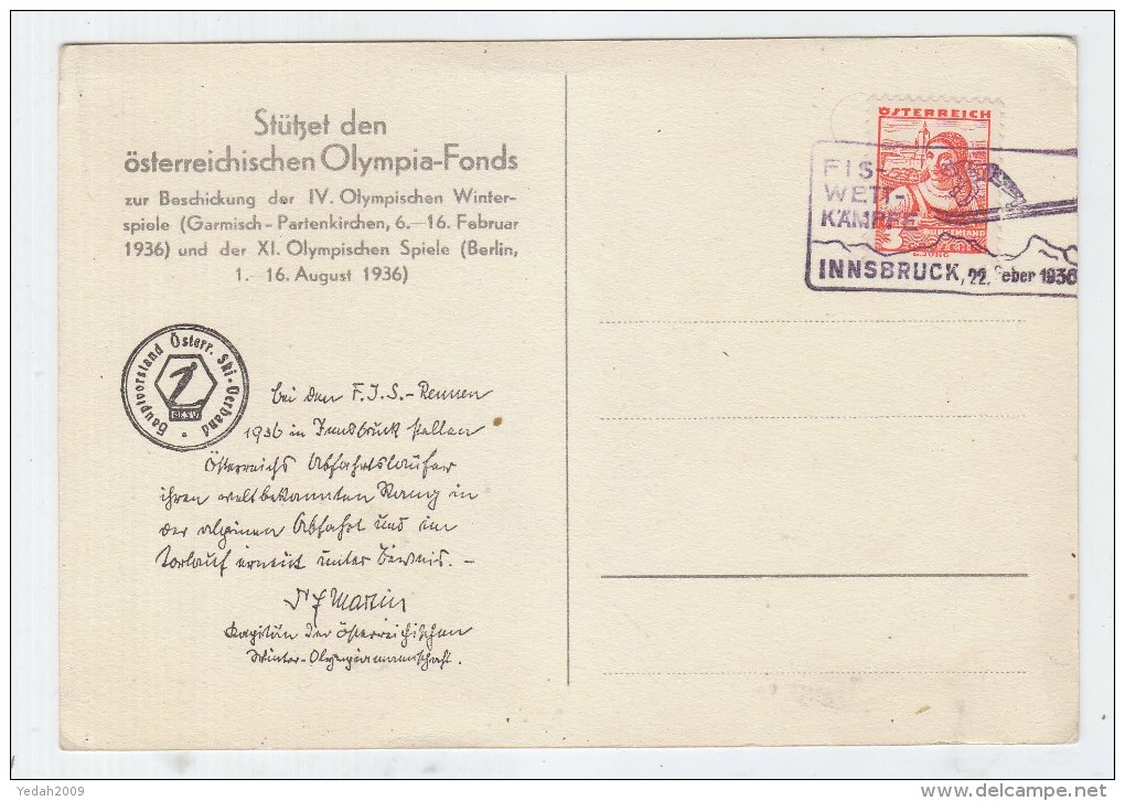 Austria FIS WORLD CUP OLYMPIC GAMES POSTCARD 1936 - Ete 1936: Berlin