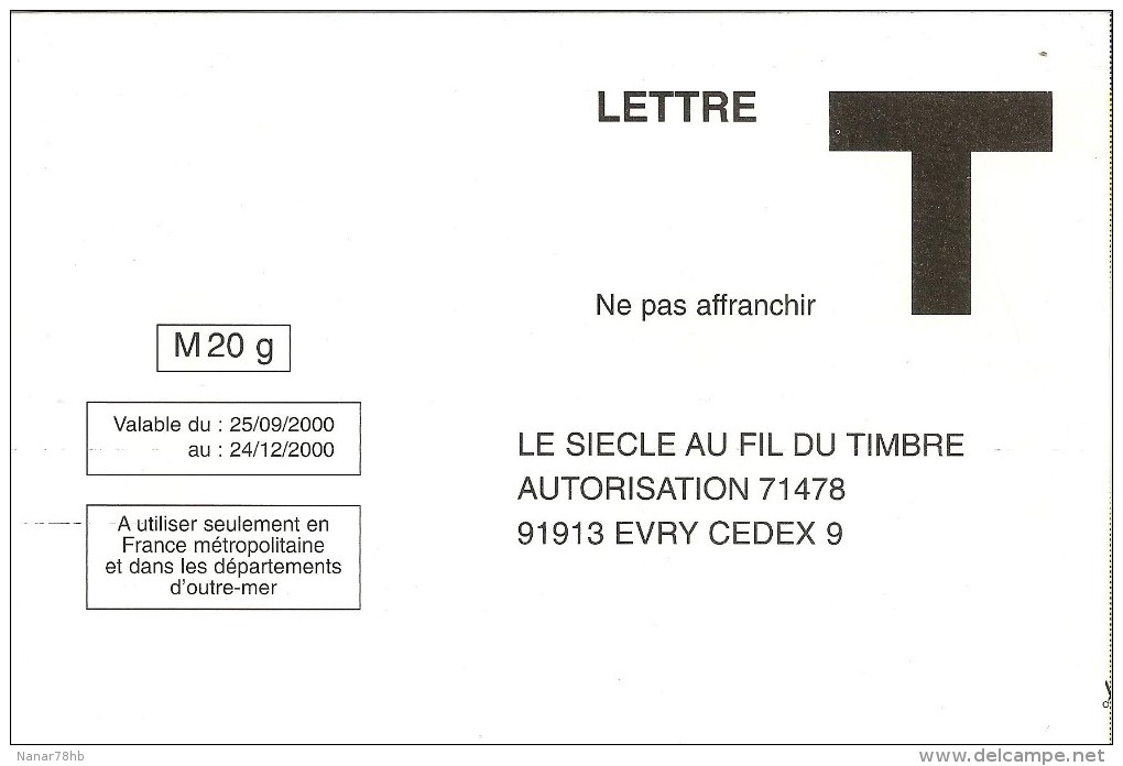 Carte Réponse Pour La Poste  (validité 25/09/2000  24/12/2000) - Buste Risposta T