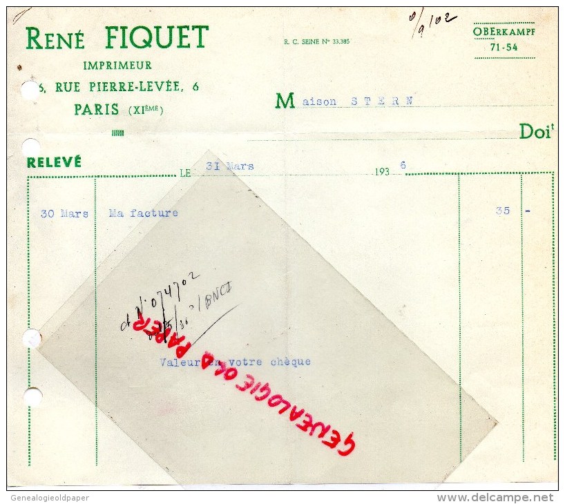 75011- 75 - PARIS - RENE FIQUET IMPRIMEUR 6 RUE PIERRE LEVEE- IMPRIMERIE - M. STERN- 1936 - Sports & Tourisme