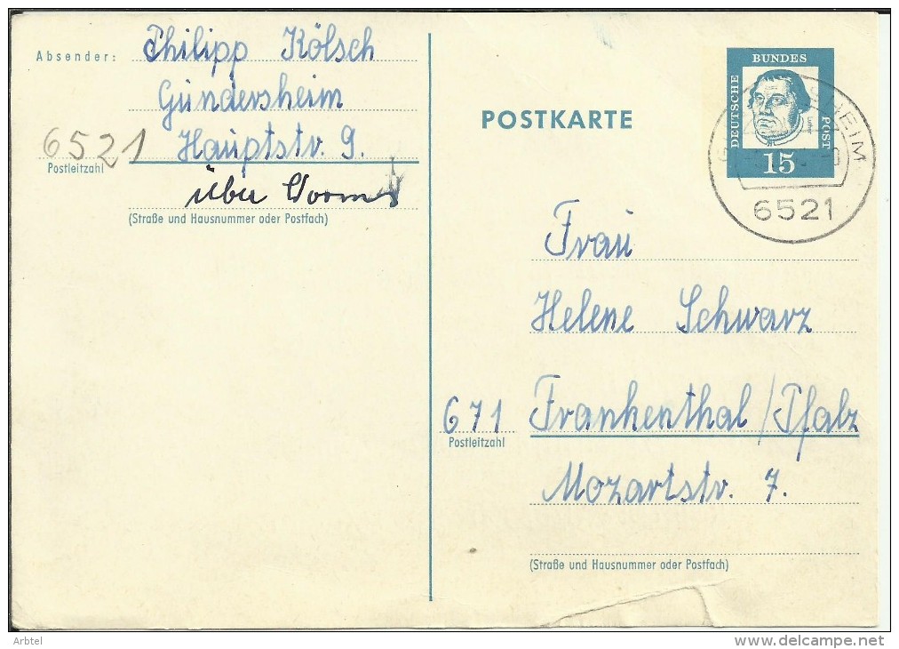 ALEMANIA ENTERO POSTAL 1963 LUTERO LUTHER GUNDERSHEIM - Cartes Postales - Oblitérées