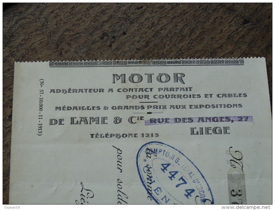 Reçu De La Firme MOTOR De Lame Et Cie à Liege Année 1920 - 1900 – 1949