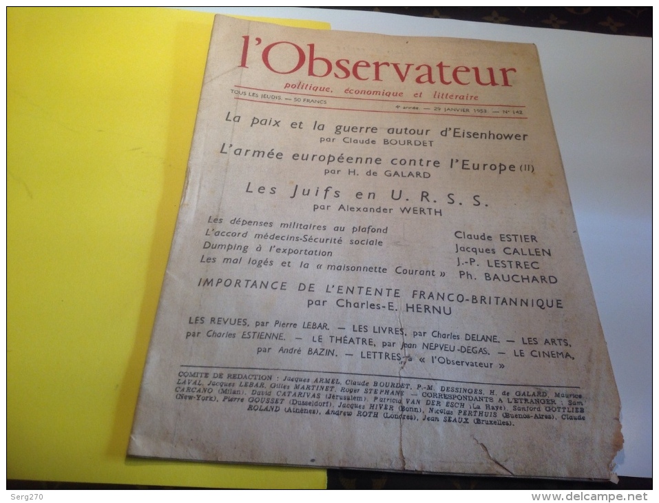 L Observateur  Politique économique Et Littéraire Paix Guerre 1953  Les Juifs En URSS Par Alexander Werth - Sonstige & Ohne Zuordnung