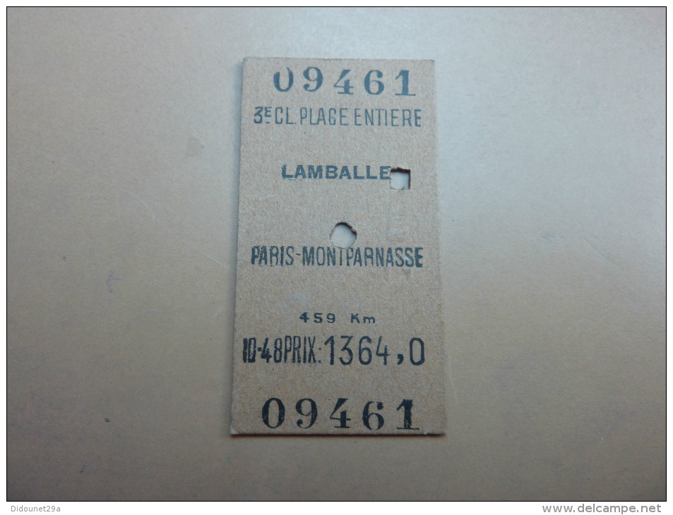 Ancien Ticket De Train "LAMBALLE - PARIS MONTPARNASSE 459kM - 3e CL PLACE ENTIERE" - Europa