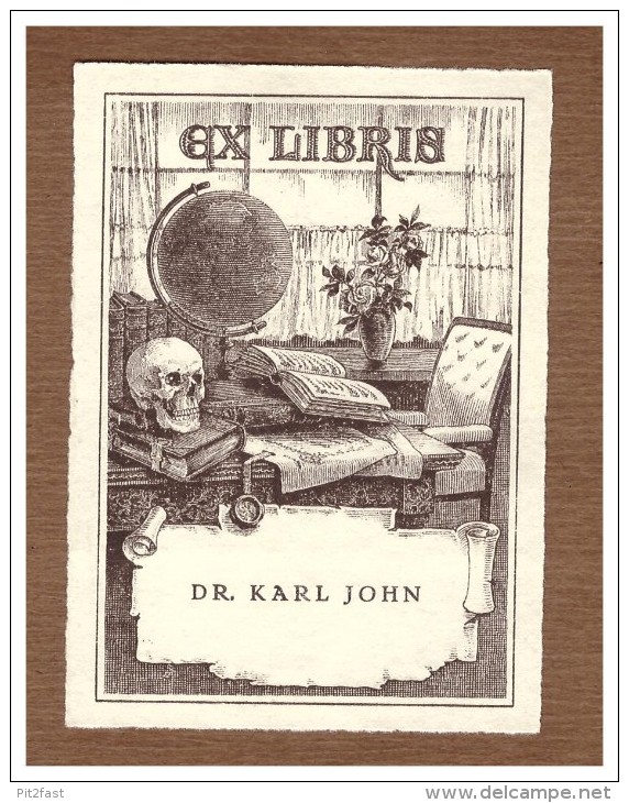 Exlibris - Dr- Karl John , 1929 , Totenkopf , Arzt , Globus , Ex Libris Bookplate !!! - Exlibris