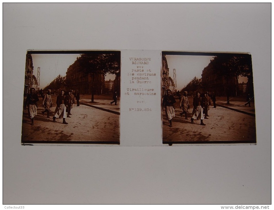 Photo Plaque De Verre Stéréoscopique Guerre 14-18 Paris Tirailleurs Et Marocains  Verascope Richard - Diapositiva Su Vetro