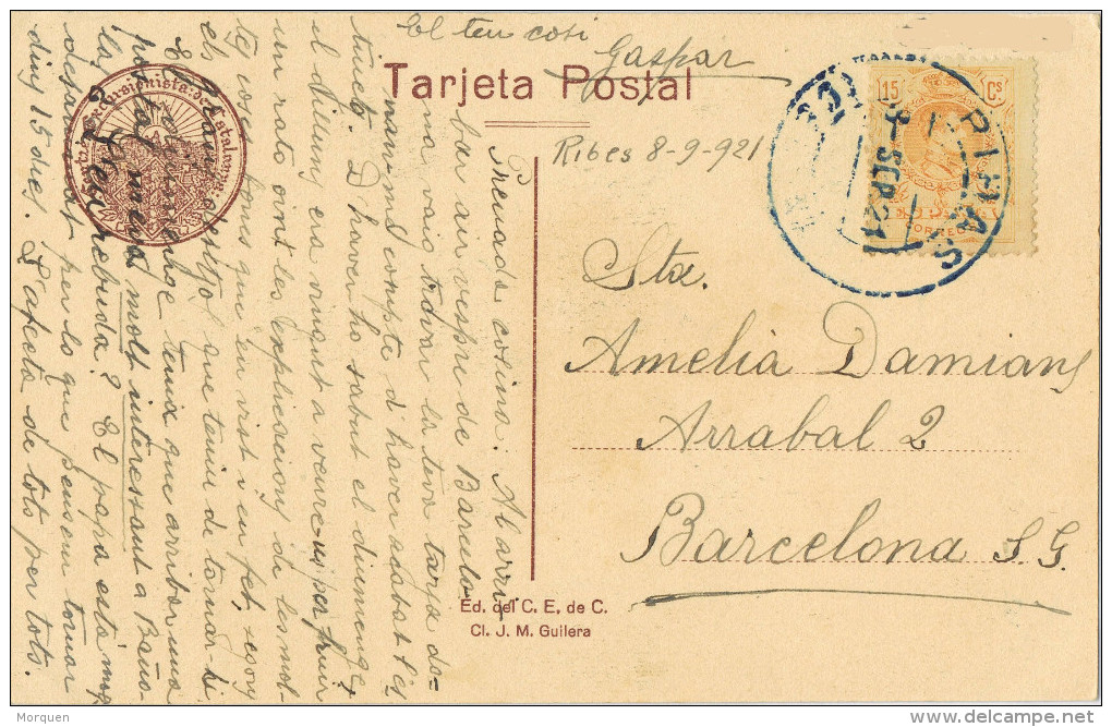 10833. Postal RIBAS (Barcelona) 1921.  Fechador Azul. Pirineos La Gorja De Nuria - Cartas & Documentos