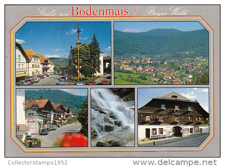 6909- POSTCARD, BODENMAIS- STREET VIEWS, TRADITIONAL HOUSES, CAR, INN, WATERFALL, PANORAMA - Bodenmais