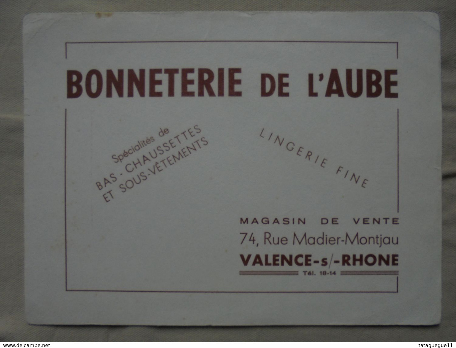 Ancien - Buvard Publicitaire "BONNETERIE DE L'AUBE" Valence -s- Rhône Tel 18-14" - Kleidung & Textil