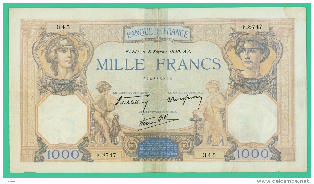 France -  1000 Francs -   Cérès Et Mercure - N°. F.8747 / 345 - 8 Février 1940.AY -  TB - 1 000 F 1927-1940 ''Cérès Et Mercure''