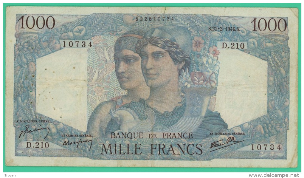 France -  1000 Francs -  Minerve Et Hercule - N°. D.210 / 10734 - S.21-2-1946.S -  TB+ - 1 000 F 1945-1950 ''Minerve Et Hercule''