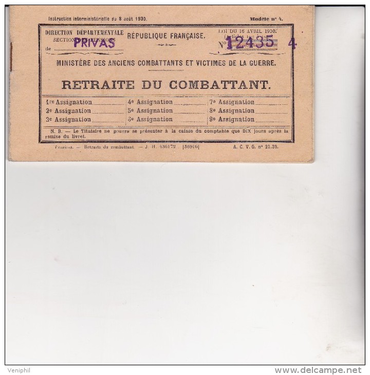 LIVRET DE PAIEMENT DE RETRAITE DU COMBATTANT-DIRECTION DEPARTEMENTALE SECTION DE PRIVAS -1955 - Documents