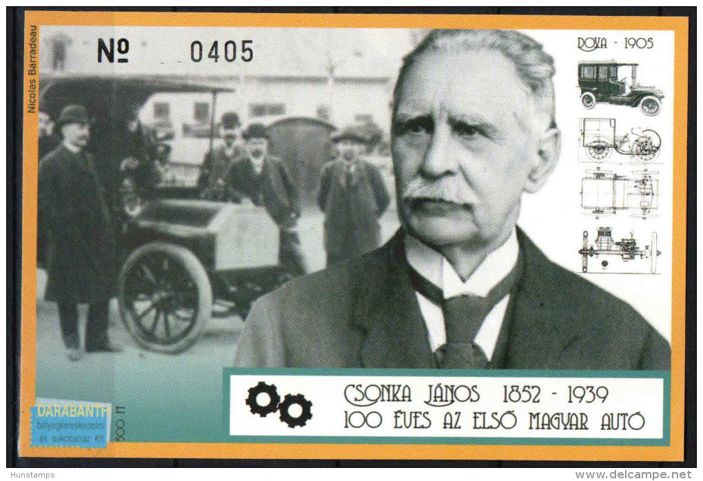 Hungary 2005. János Csonka - Car Centenary In Hungary - Commemorative Sheet Special Catalogue Number: 2005/21. - Hojas Conmemorativas