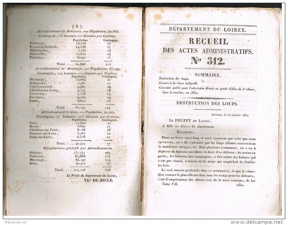 D45. Livre LOIRET 1830. RECUEIL DES ACTES ADMINISTRATIFS DE 310 à 360.Destruction Des Loups.Recrutement De60.000 Hommes - Centre - Val De Loire