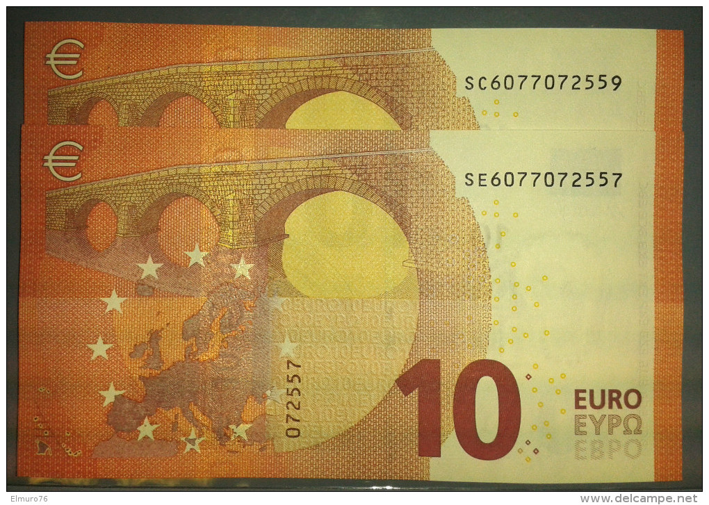 2x 10 EURO S004 SC+SE Nine Equal Numbers ITALY  ITALIA Draghi Perfect UNC - 10 Euro