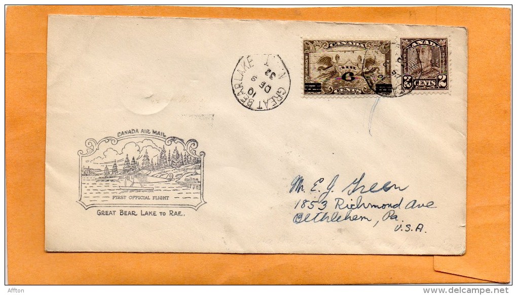 Great Bear Lake To Rae Canada 1932 Air Mail Cover - Erst- U. Sonderflugbriefe