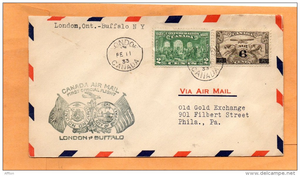 London To Buffalo Canada 1933 Air Mail Cover - First Flight Covers
