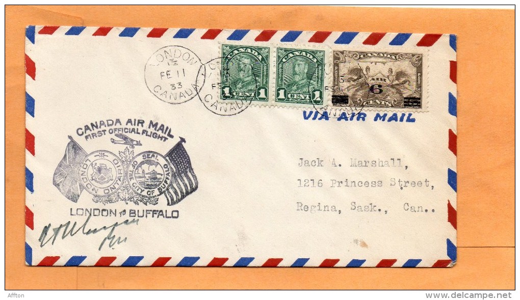 London To Buffalo Canada 1933 Air Mail Cover - First Flight Covers