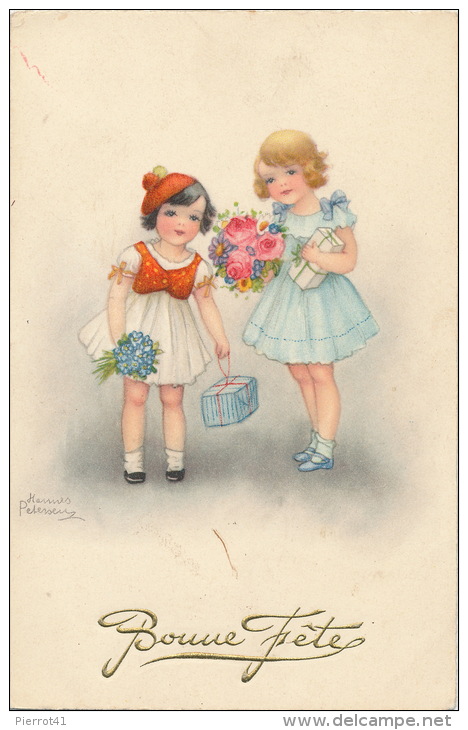 ENFANTS - LITTLE GIRL - MAEDCHEN- Jolie Carte Fantaisie Portrait Fillettes Et Fleurs "Bonne Fête" Signée HANNES PETERSEN - Petersen, Hannes