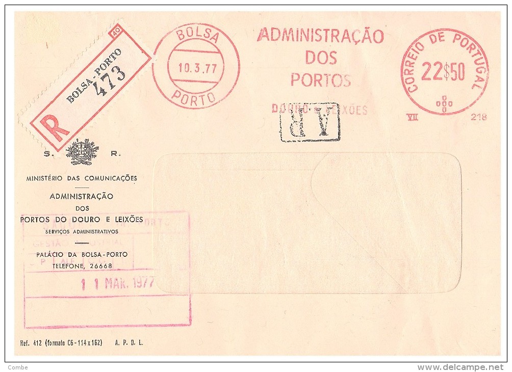LETTRE PORTUGAL. 1977. RECOMMANDE DE BOLSA-PORTO. A.R..  EMA BOLSA-PORTO ADMINISTRACAO 22$50 /2476 - Marcophilie