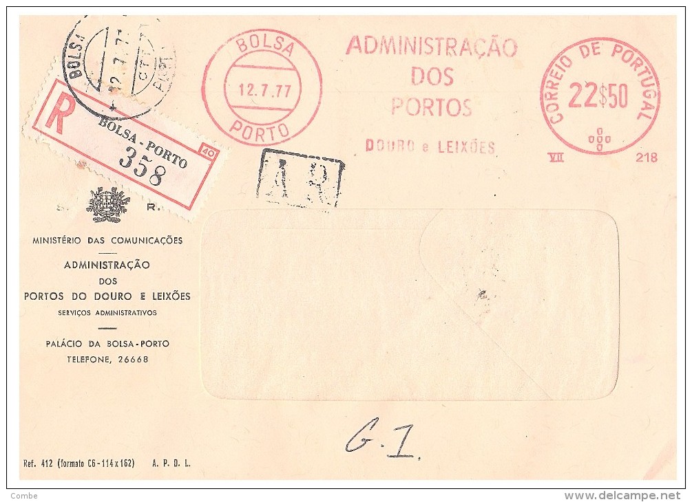 LETTRE PORTUGAL. 1977. RECOMMANDE DE BOLSA-PORTO. A.R..  EMA BOLSA-PORTO ADMINISTRACAO 22$50 /2476 - Marcophilie