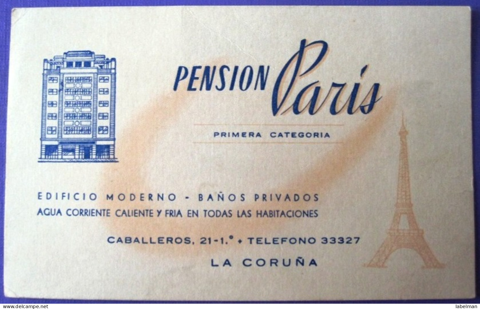 HOTEL RESIDENCIA PENSION HOSTAL PARIS LA CORUNA SPAIN LUGGAGE LABEL ETIQUETTE AUFKLEBER DECAL STICKER MADRID - Hotel Labels