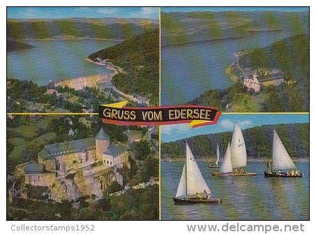 7008- POSTCARD, EDERSEE- RESERVOIR LAKE PANORAMA, CASTLE, SAILING BOATS - Edersee (Waldeck)