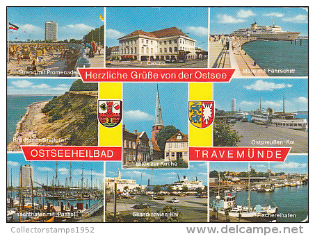 7010- POSTCARD, TRAVEMUNDE- SEA TOWN, BEACH, PROMENADE, CASINO, HARBOUR, SHIP, CHURCH, CAR - Lübeck-Travemuende