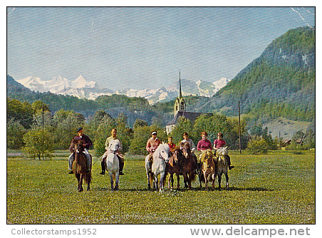 7174- POSTCARD, GISWIL- PONY RIDES AT STATION HOTEL - Giswil