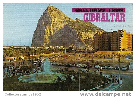 7184- POSTCARD, GIBRALTAR- NORTH VIEW OF THE ROCK, SQUARE, FOUNTAIN, CAR - Gibraltar