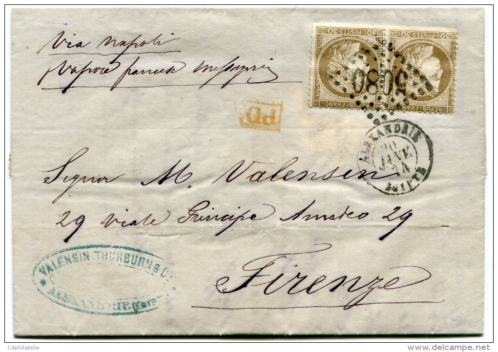 FRANCE LETTRE AFFRANCHIE AVEC UNE PAIRE DU N°56 OBLITERATION GC 5080 DEPART ALEXANDRIE 20 JANV 74 EGYPTE POUR L´ITALIE - 1849-1876: Période Classique