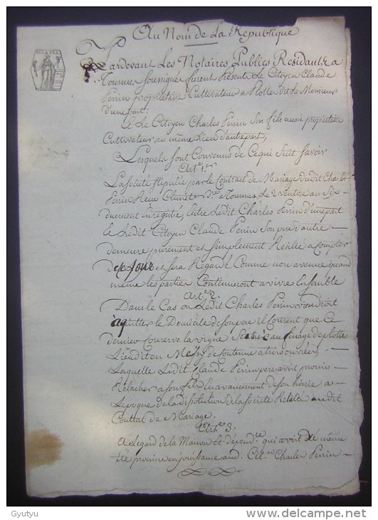 4 Pluviose An 10 Accord Entre Claude Perrin Propriétaire à Plotte Et Son Fils Charles à Propos D'une Vigne - Manuscrits