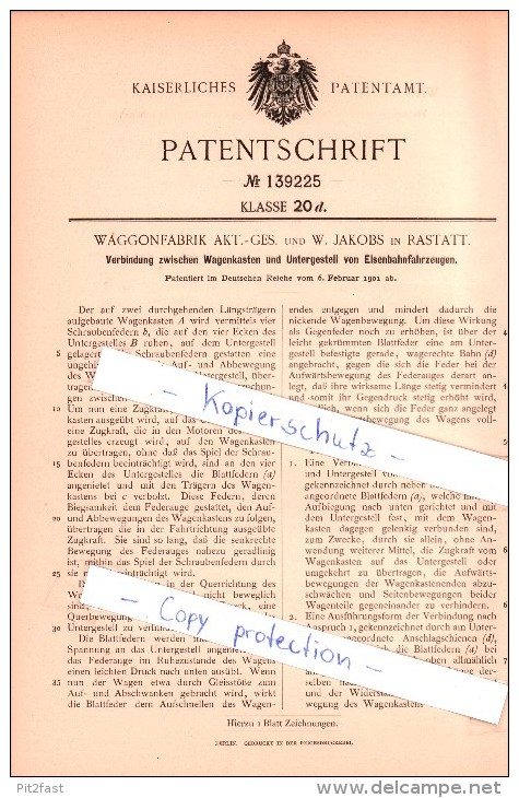 Original Patent  - Waggonfabrik AG Und W. Jakobs In Rastatt , 1901 ,  Eisenbahnfahrzeuge , Eisenbahn !!! - Historische Dokumente