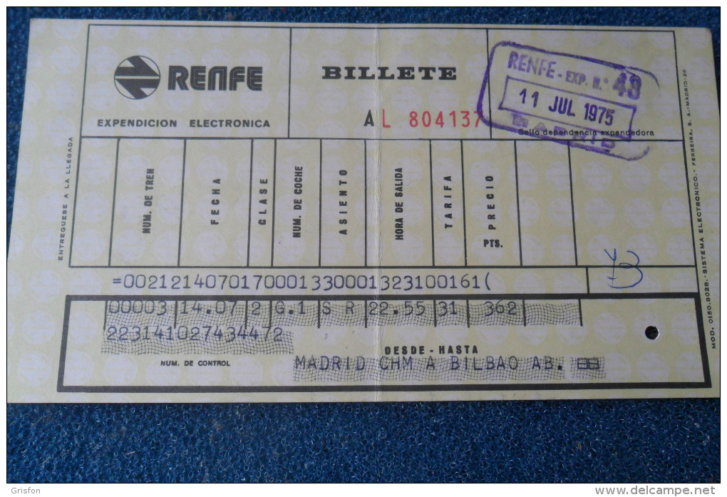 Renfe Ticket Railway 1975 Madrid Bilbao - Railway