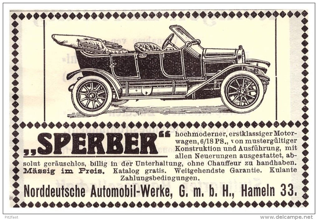 Original Werbung - 1912 - SPERBER - Automobil - Werke In Hameln , Oldtimer !! - KFZ