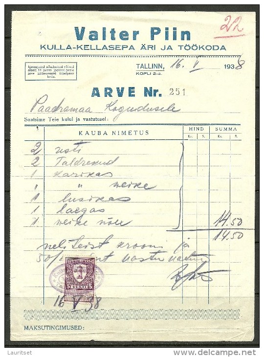 Estland Estonia 1938 Document Rechnung Bill With Revenue Stempelmarke - Estonia