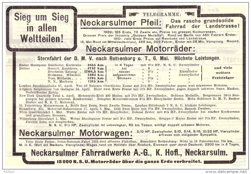 Original Werbung - 1910 - NSU Automobile Und Motorräder , Sternfahrt Nach Rothenburg O.T.,  Neckarsulm , Oldtimer !! - KFZ