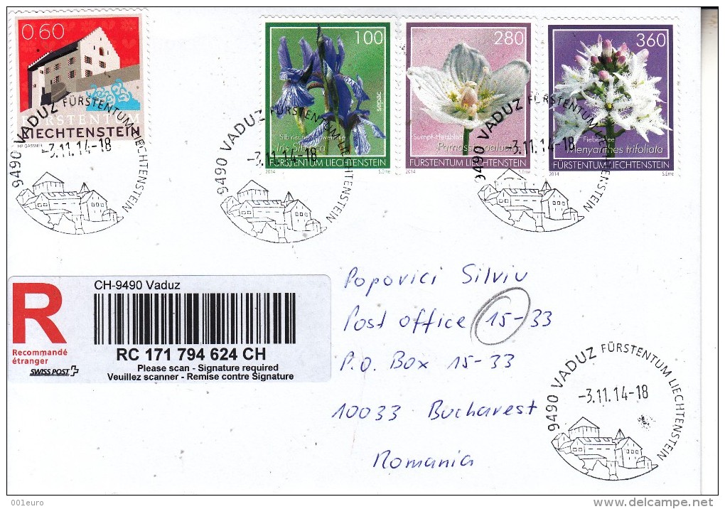 LIECHTENSTEIN 2014 : FLOWERS On Cover Circulated To ROMANIA - Registered Shipping! - Storia Postale