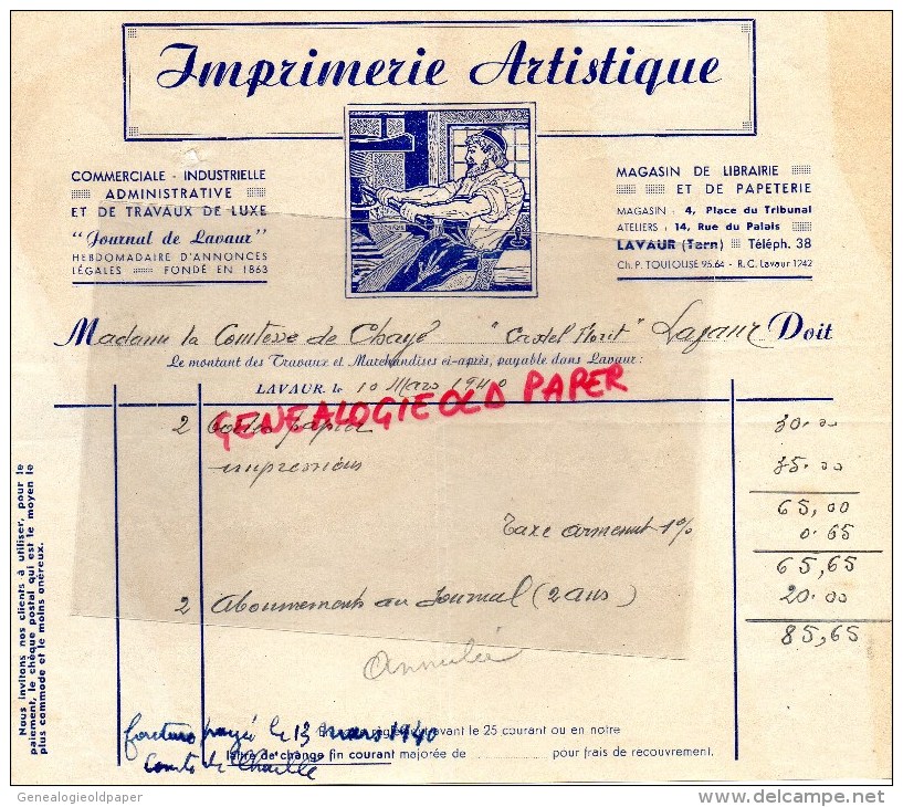 81- LAVAUR - BELLE FACTURE IMPRIMERIE ARTISTIQUE- 4 PLACE TRIBUNAL ET 14 RUE DU PALAIS- 1940 - Imprimerie & Papeterie