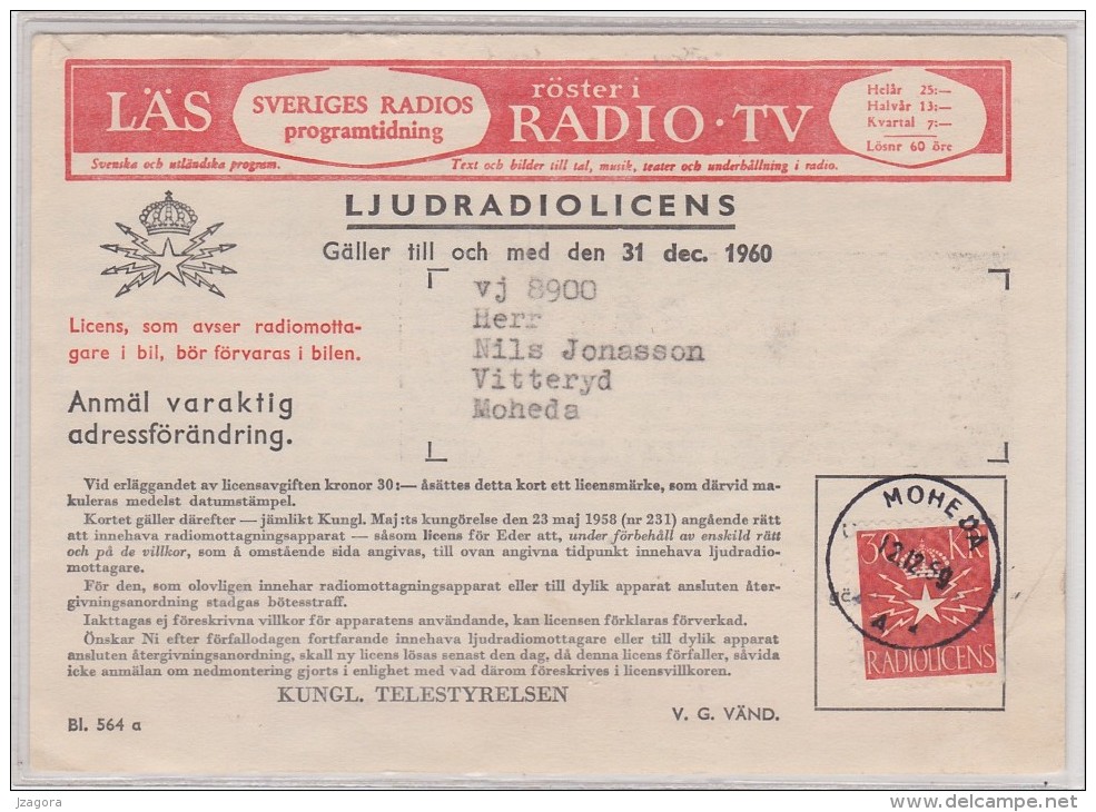 TAX REVENUE STAMP STEUERMARKE TIMBRE FISCAL SWEDEN RADIO LICENCE  1960 - 30 Kr Right Cut Slania ON RECEIPT CARD TYPE 1 - Fiscale Zegels