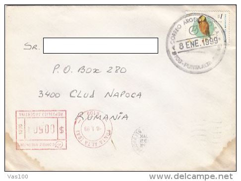 OWL, STAMP ON COVER, AMOUNT 0.5 RED MACHINE STAMP, 1999, ARGENTINA - Cartas & Documentos