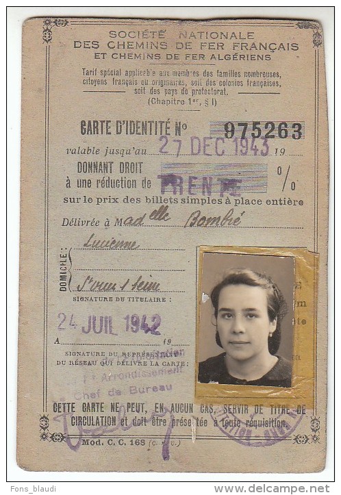 1942 - Saint-Ouen - Carte De Réduction De 30% SNCF - FRANCO DE PORT - Spoorweg