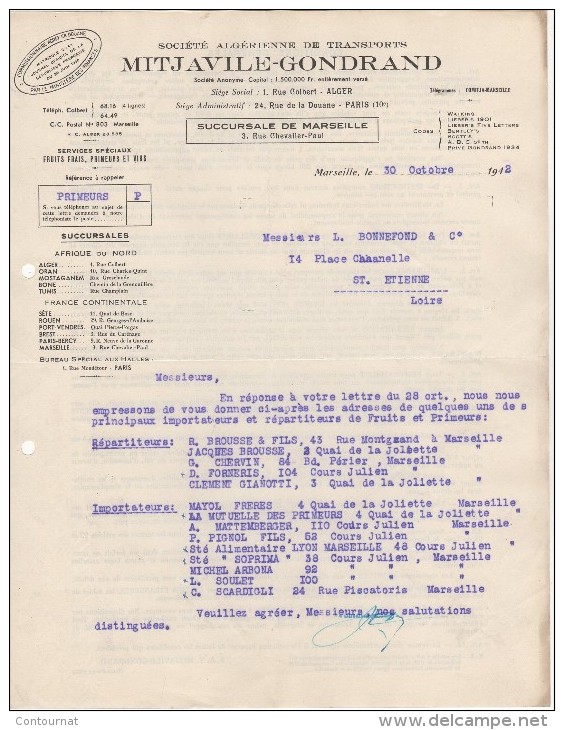 13 MARSEILLE FACTURE 1942 Société Algérienne De Transports MITJAVILLE  GONDRAND - B37 - Transports