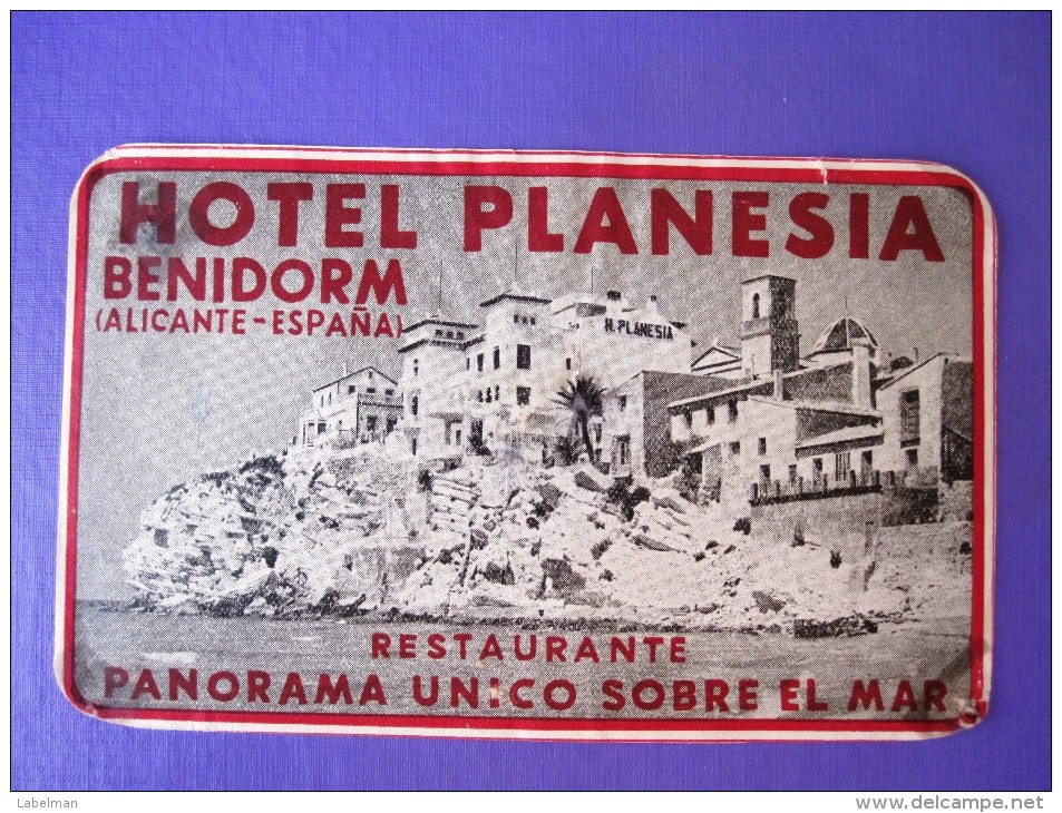 HOTEL RESIDENCIA PENSION HOSTAL PLANESIA BENIDORM ALICANTE SPAIN LUGGAGE LABEL ETIQUETTE AUFKLEBER DECAL STICKER MADRID - Etiketten Van Hotels