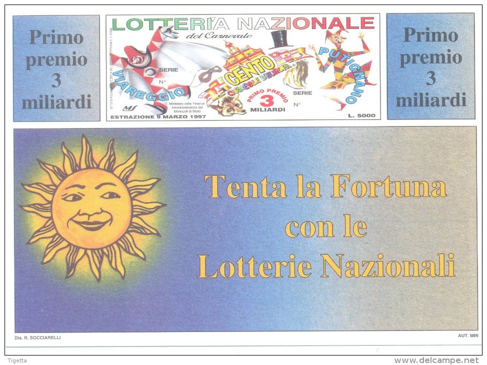 CARTOLINA DELLA LOTTERIA DEL CARNEVALE DI VIAREGGIO CENTO E PUTIGNANO  ANNO 1997  NUOVA PERFETTA - Loterijbiljetten