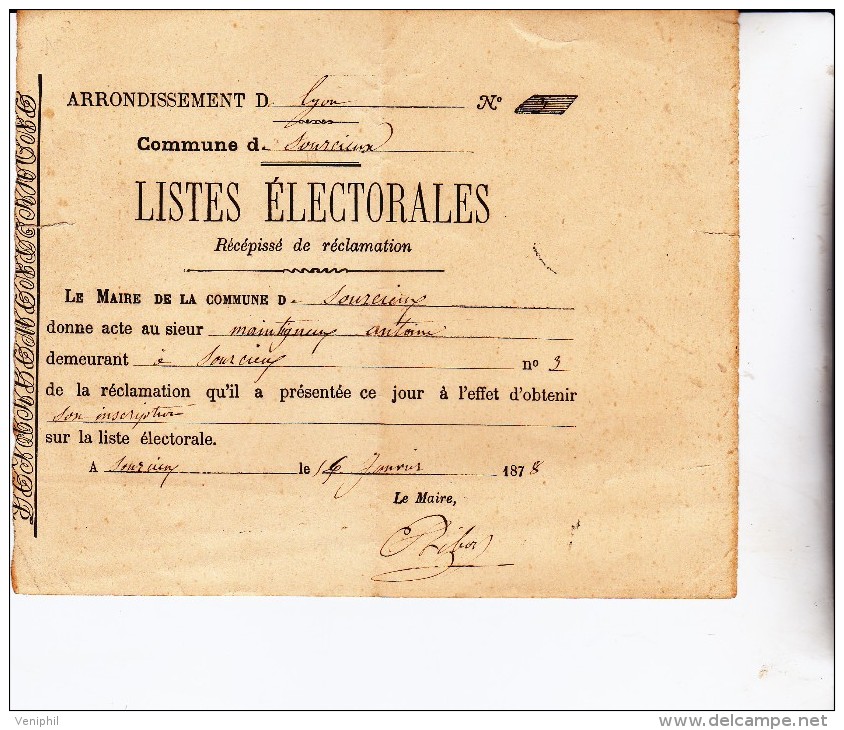 RECEPISSE DE RECLAMATION LISTES ELECTORALES -COMMUNE DE SOURCIEUX -RHONE - 187 - Non Classés