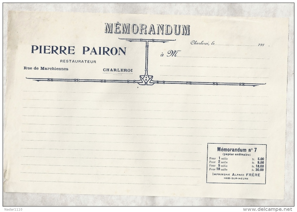 Modèle De Mémorandum Proposé Par L'imprimeur Frère De HAM-SUR-HEURE Au Restaurant De Pierre PAIRON, CHARLEROI - 1900 – 1949