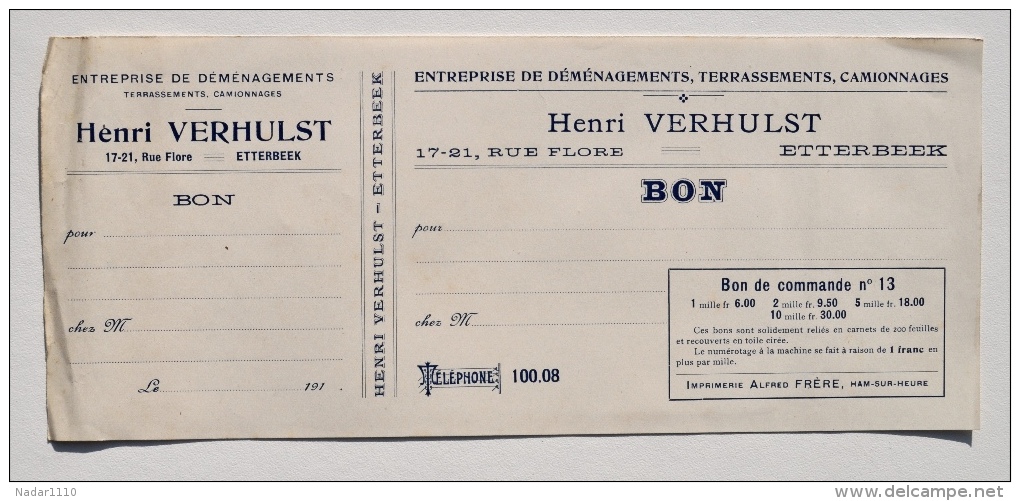Modèle De Bon De Commande De L'imprimeur Frère De HAM-SUR-HEURE Pour Entreprise De Déménagements H. VERHULST à ETTERBEEK - 1900 – 1949