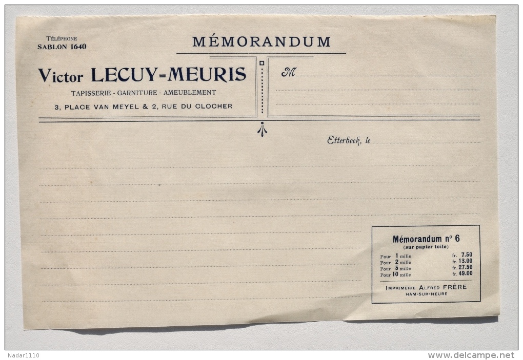 Modèle De Mémorandum De L'imprimeur Frère De HAM-SUR-HEURE Pour Victor LECUY-MEURIS, Tapisserie, Ameublement à ETTERBEEK - 1900 – 1949