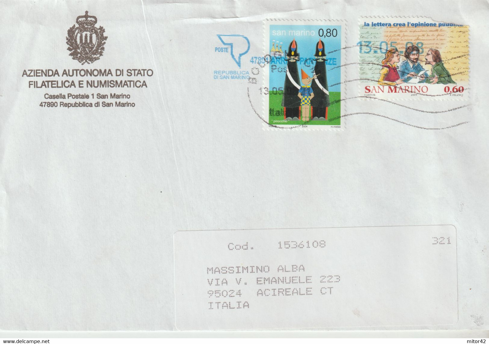 17-San Marino-Storia Postale 2008-Pinocchio + Altro Francobollo Difettoso - Brieven En Documenten